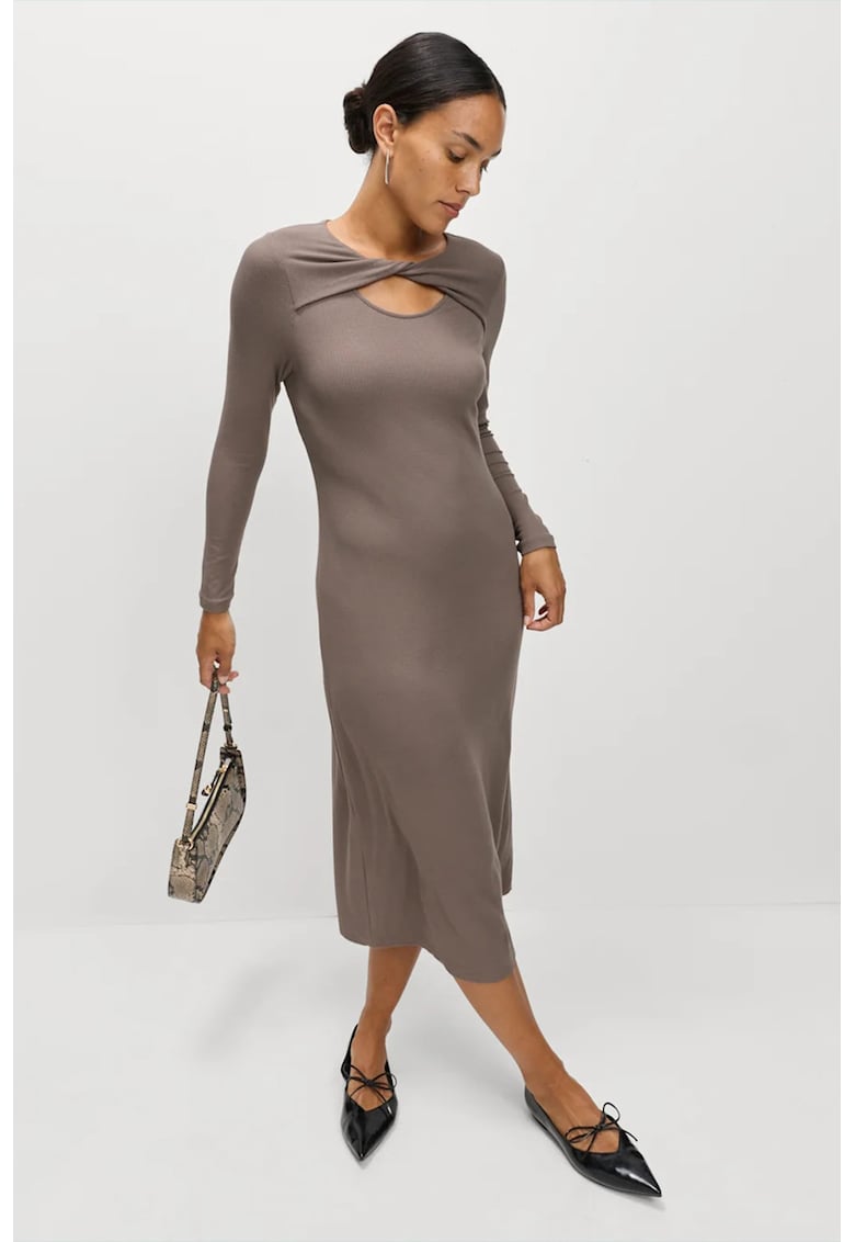 Oferte la Rochie midi striata cu maneci lungi si decolteu rasucit - Maro taupe