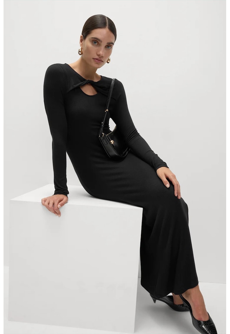 Oferte la Rochie midi striata cu maneci lungi si decolteu rasucit - Negru