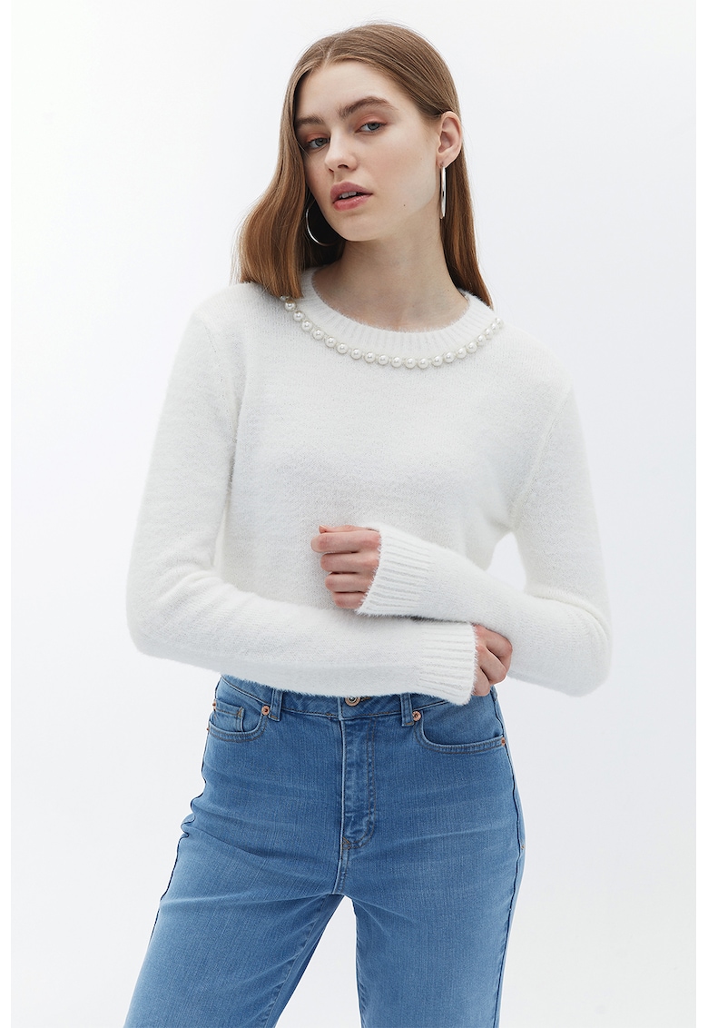Oferte la Pulover crop cu perle sintetice - Alb murdar