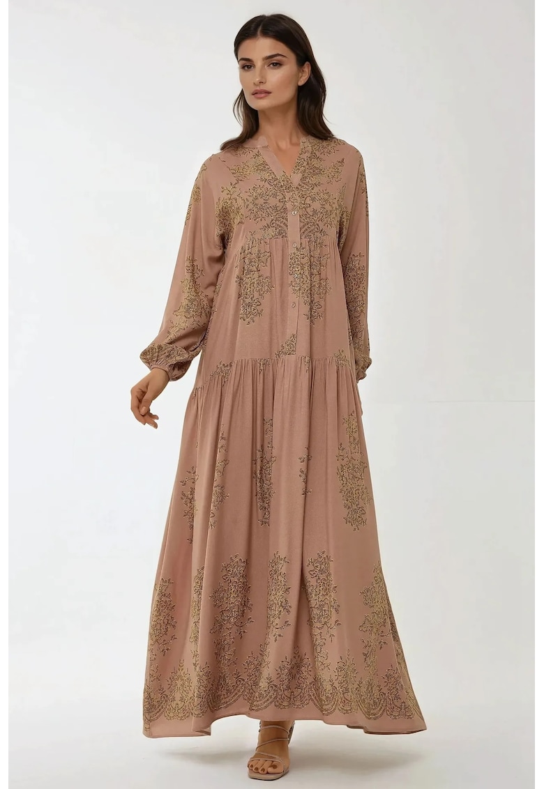 Oferte la Rochie maxi -  viscon imprimat - guler camasa - maro - textil