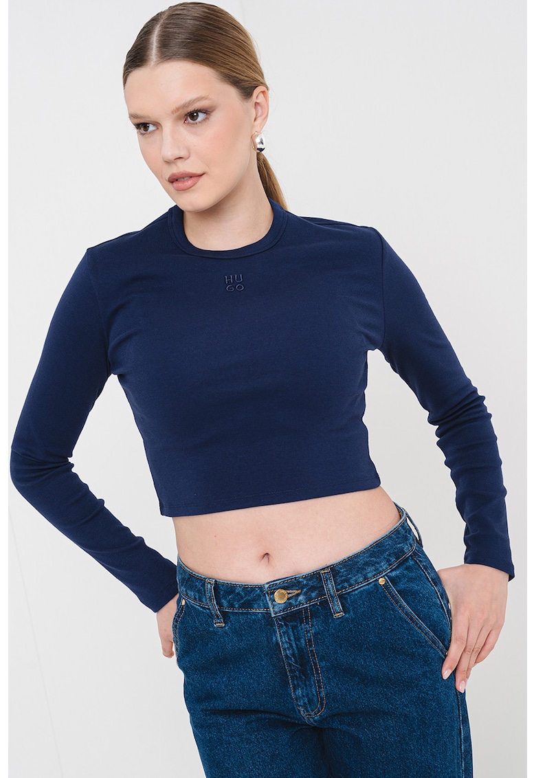 Oferte la Bluza crop slim fit cu logo Dafilomena - Albastru inchis