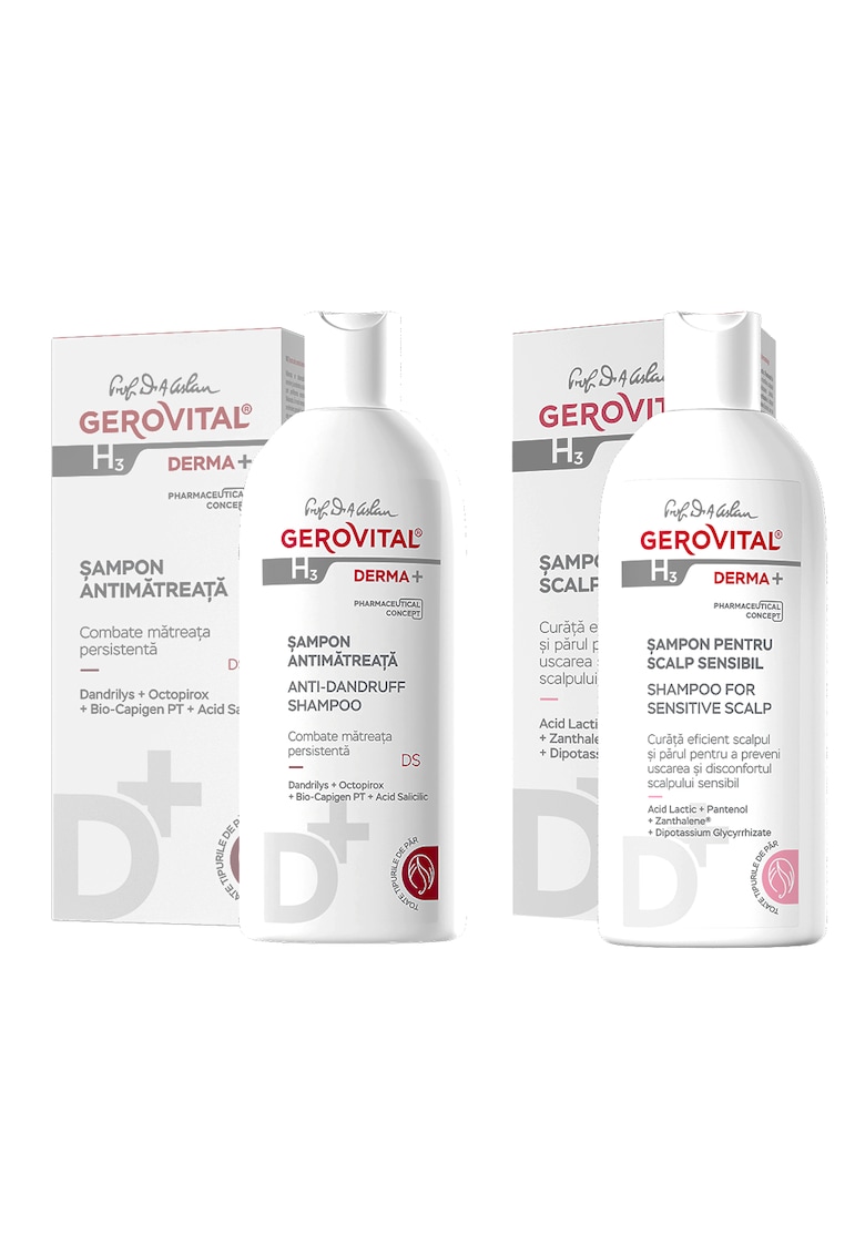 Oferte la Pachet Gerovital H3 Derma+: sampon Antimatreata 200ml + sampon pentru Scalp Sensibil 200ml