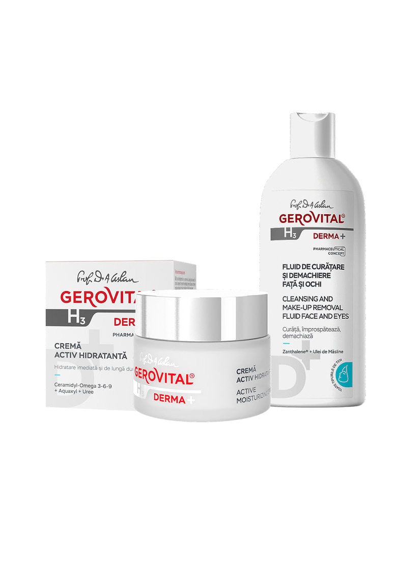 Oferte la Pachet Gerovital H3 Derma+: Fluid de Curatare si Dermachiere Fata si Ochi - 200 ml + Crema Activ Hidratanta 24h - 50 ml
