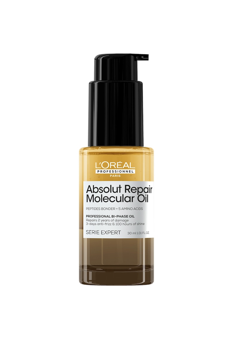 Oferte la Ulei de par bifazic L’Oreal Professionnel Serie Expert Absolut Repair Molecular - efect anti-frizz - 3x mai multa hranire - pana la 100 ore de stralucire - 2% legaturi peptidice & 5 aminoacizi - nu necesita clatire - fara sulfati - 30 ml