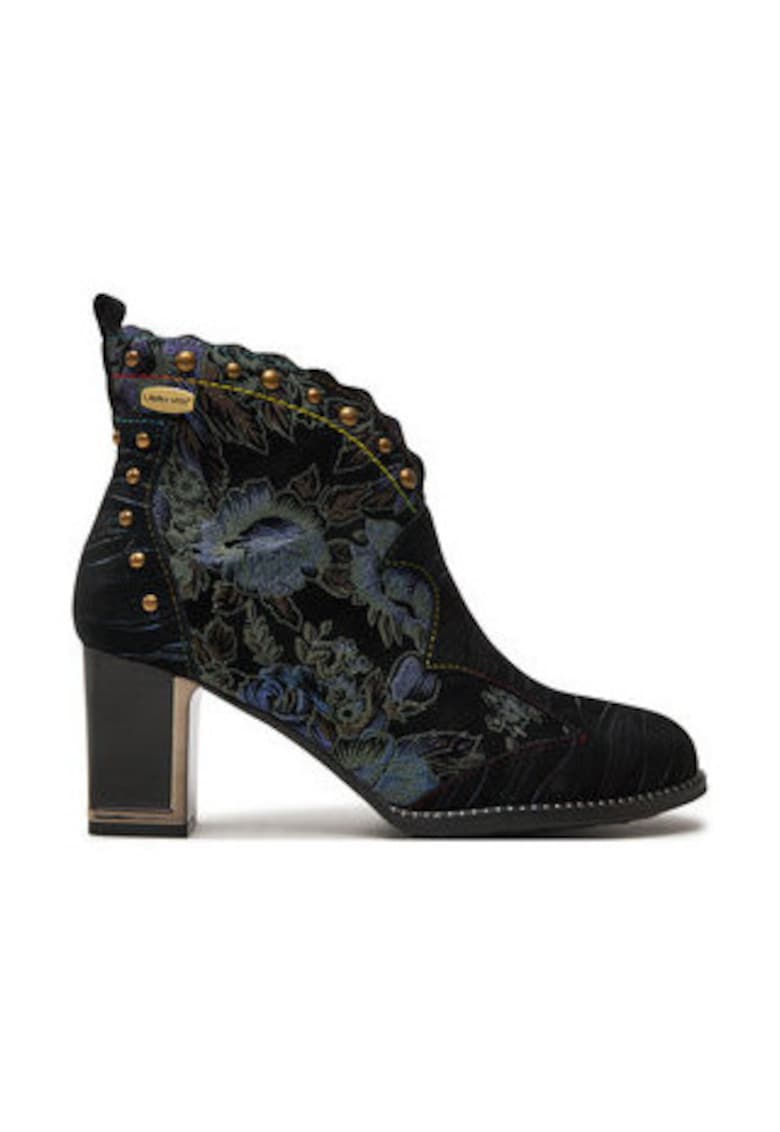 Oferte la Botine dama -  piele naturala - imprimeu floral - toc stabil - negru