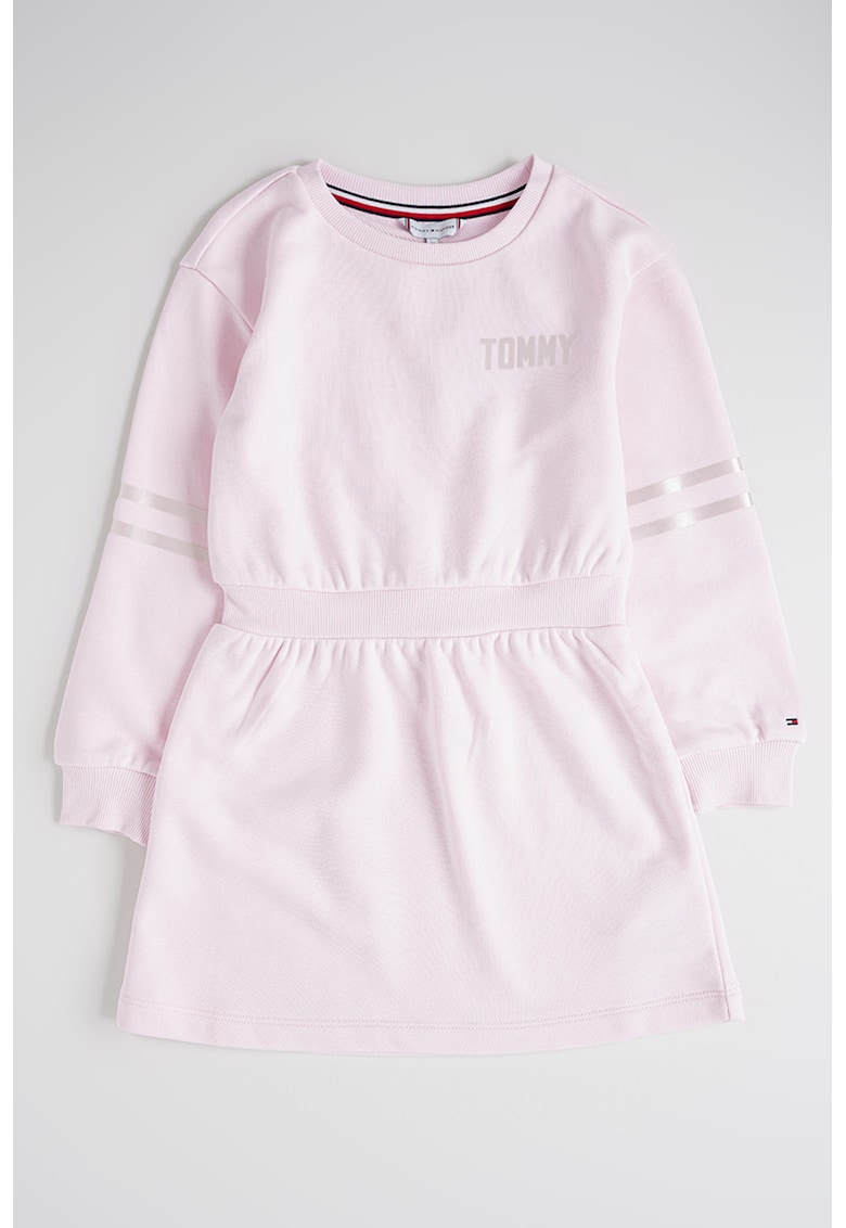 Oferte la Rochie cu maneci lungi - talie elastica si imprimeu logo - Roz pal