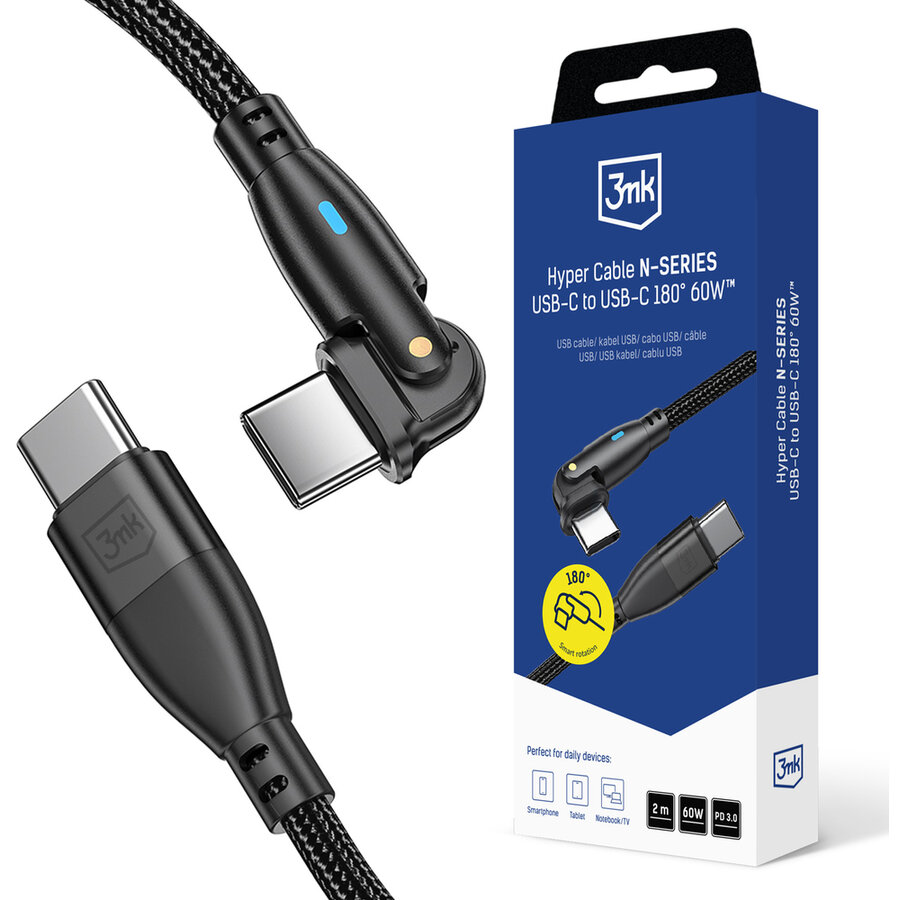 Oferte la Cablu de date Hyper N-SERIES, 2x USB-C, 60W, 3A, 2m, rotire 180 grade, Negru