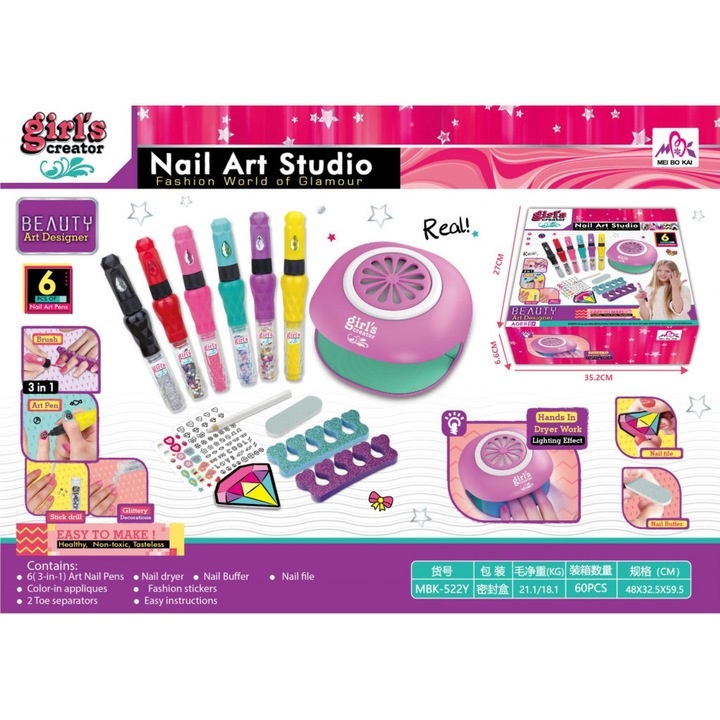 Oferte la Set Nail Art Studio pentru Fete - Studio de Manichiura cu Uscator, Stilouri pentru Unghii, Stickere si Accesorii pentru Design Creativ