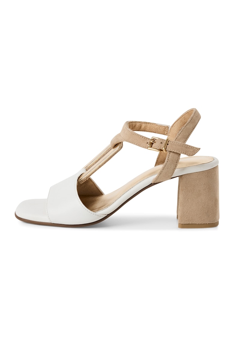 Oferte la Sandale din piele cu toc masiv - Alb/Auriu/Maro camel
