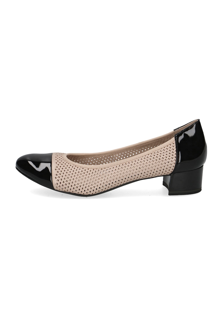 Oferte la Pantofi din piele si piele ecologica cu toc masiv si design perforat - Negru/Bej