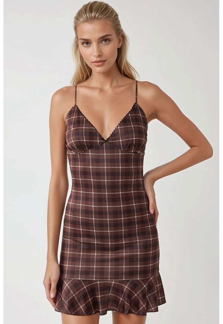 Oferte la Rochie mini -  carouri - decolteu inima - maro - textil