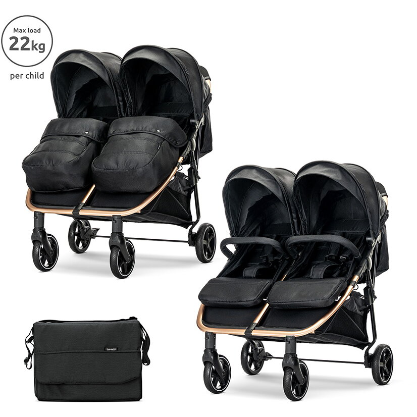 Carucior pentru Gemeni Duo pana la 22Kg per Copil Cadru din Aluminiu Spatar Reglabil Pozitii Multiple Geanta pentru Mama Inclusa Black