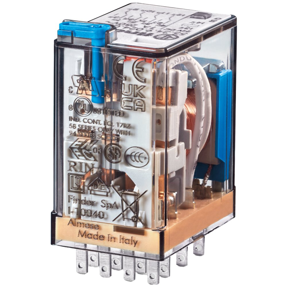 Oferte la Releu industrial miniaturizat, fisabil, alimentare 48VCC, 2CO, 10A, AgNi, cu buton de proba blocabil Finder 55.32.9.048.0040