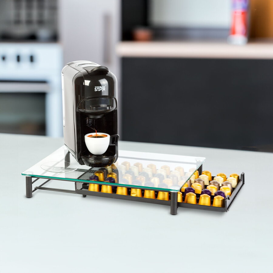 Oferte la Suport Capsule Cafea Nespresso 60 Capsule Metal cu Sertar si Blat Sticla Negru Mat