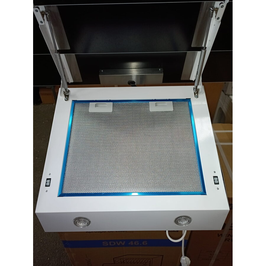 Oferte la Hota Decorativa Resigilat Megas 1200 (90) 1 Motor Turbo 4 Viteze Lumina LED  Latime 90CM Clasa A Alb