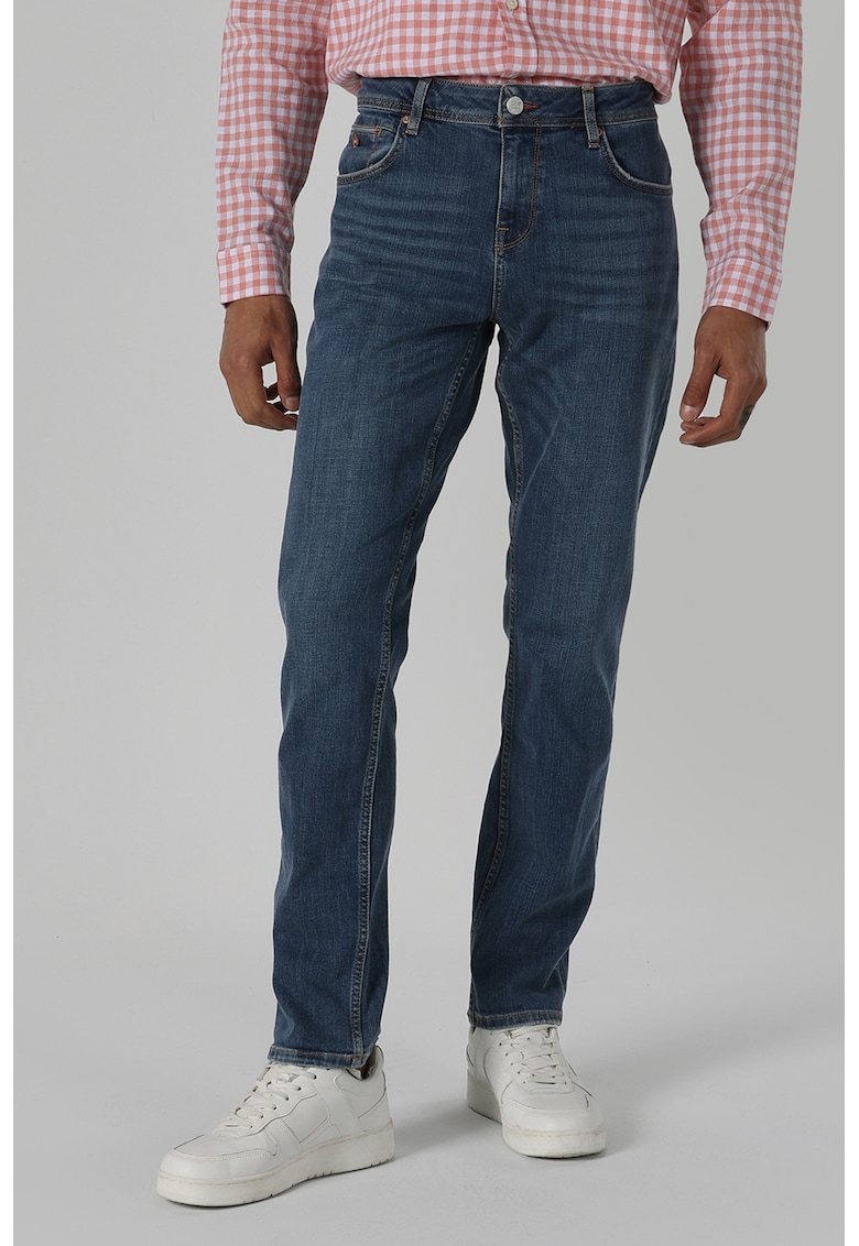 Oferte la Blugi cu talie medie si cusaturi contrastante - Bleumarin