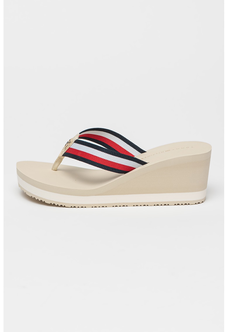 Papuci flip-flop cu talpa wedge - Bej deschis/Bleumarin