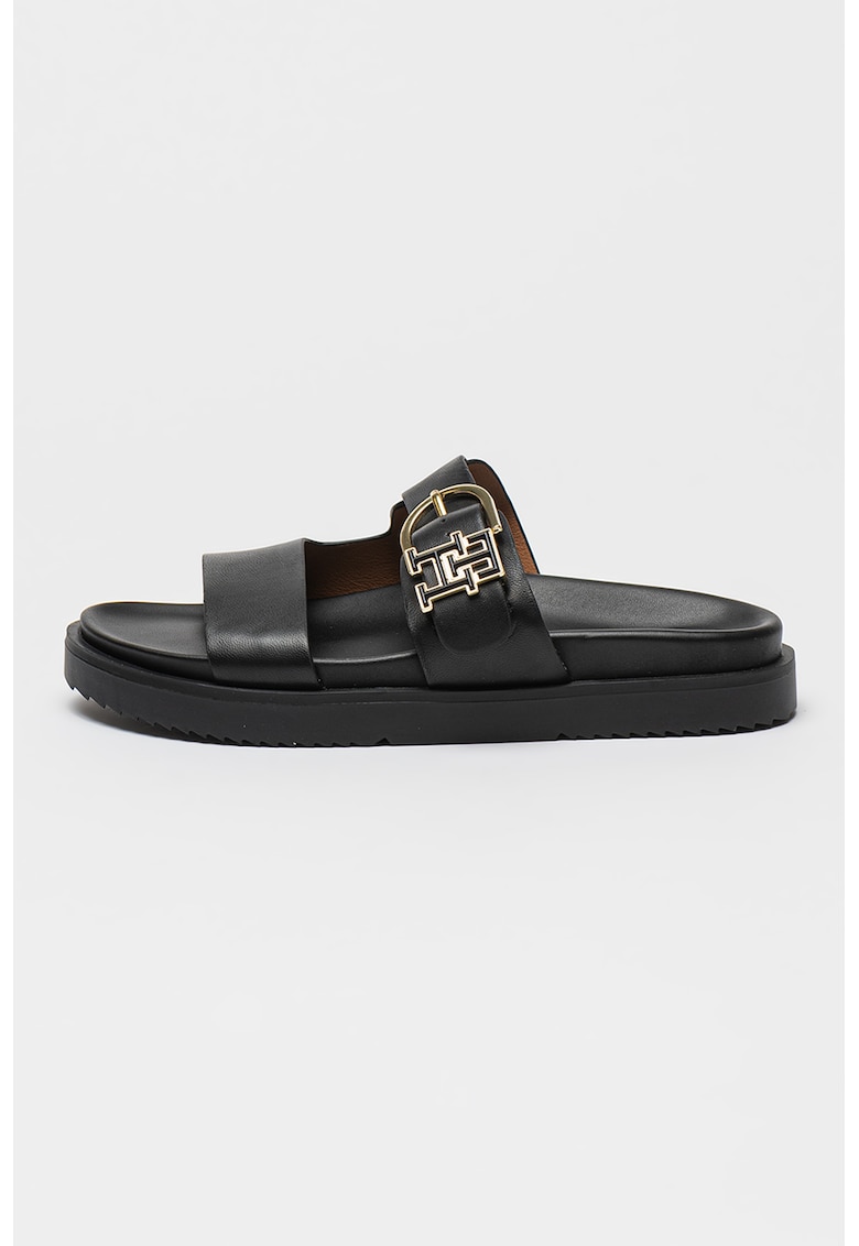 Oferte la Papuci din piele cu model monograma - Negru