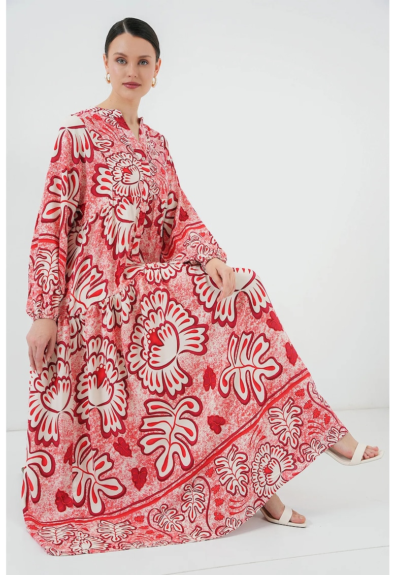 Oferte la Rochie maxi dama - cu imprimeu - HiCCUP - decolteu in V - viscoza - alb/rosu
