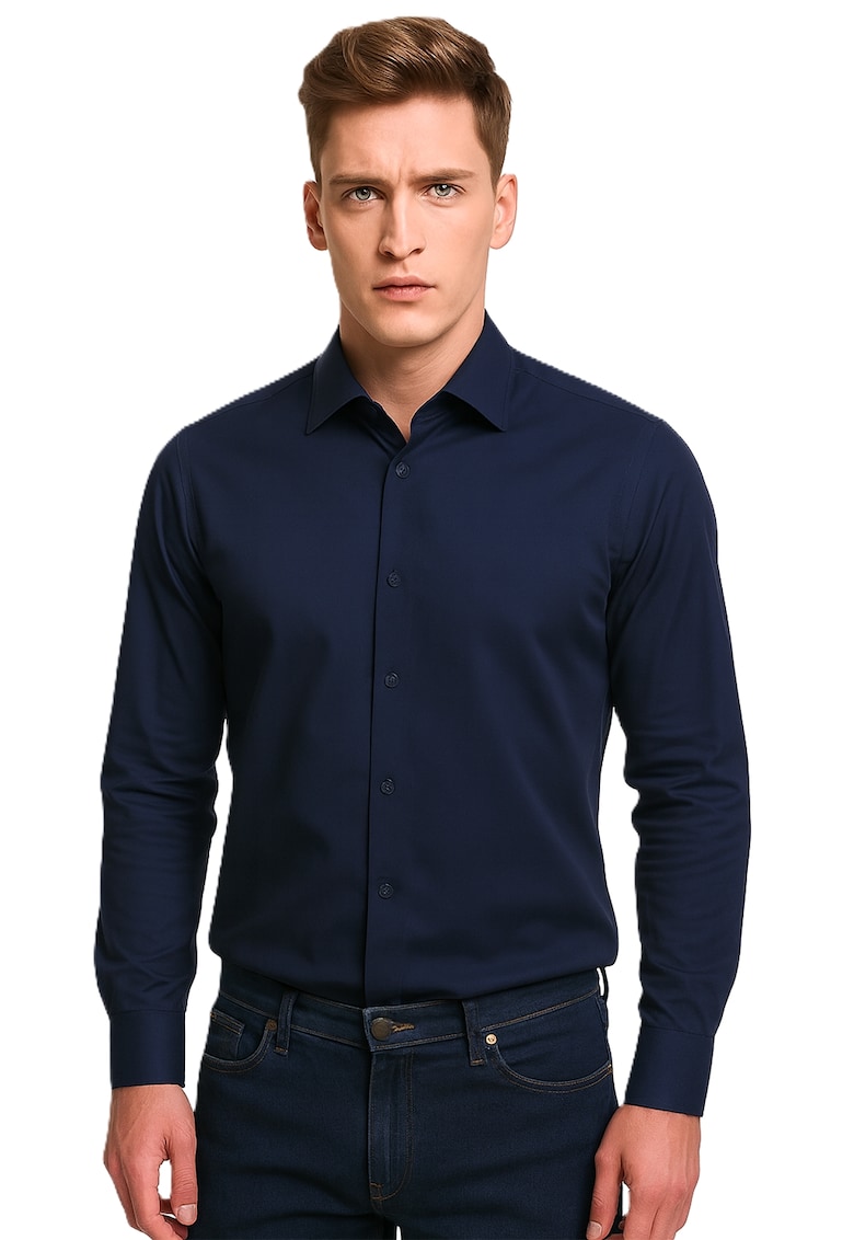 Oferte la Camasa cambrata din amestec de bumbac - Bleumarin