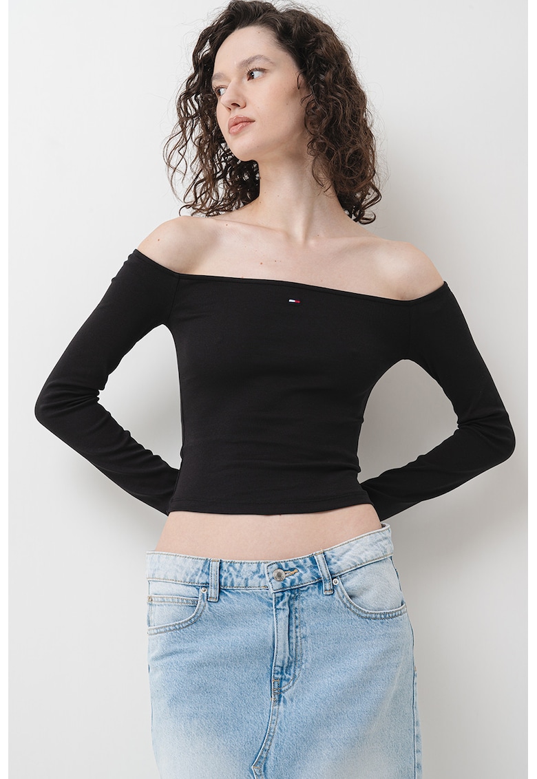 Oferte la Bluza crop cu decolteu pe un umar - Negru