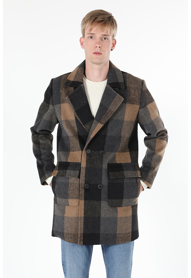 Oferte la Palton din amestec de lana cu model in carouri si buzunare aplicate - Negru/Maro camel