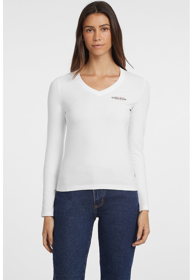 Oferte la Bluza cu decolteu in V si imprimeu logo - Alb