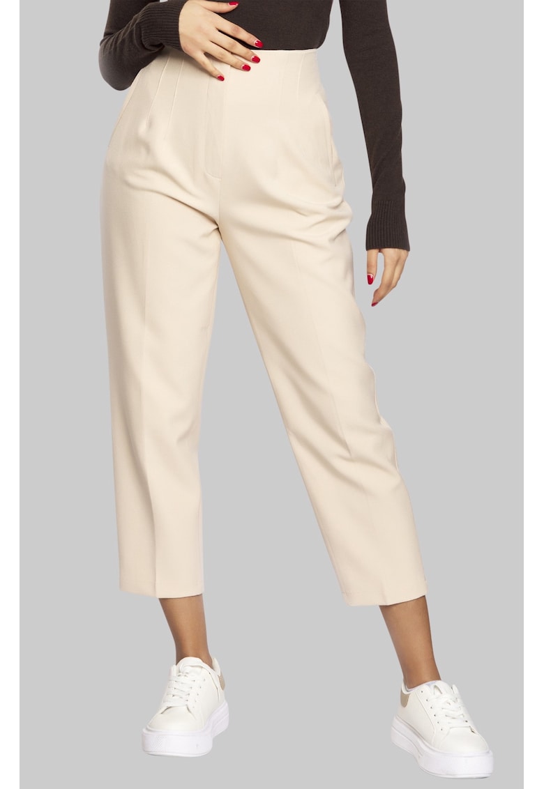 Oferte la Pantaloni conici crop cu talie inalta 50487 - Bej