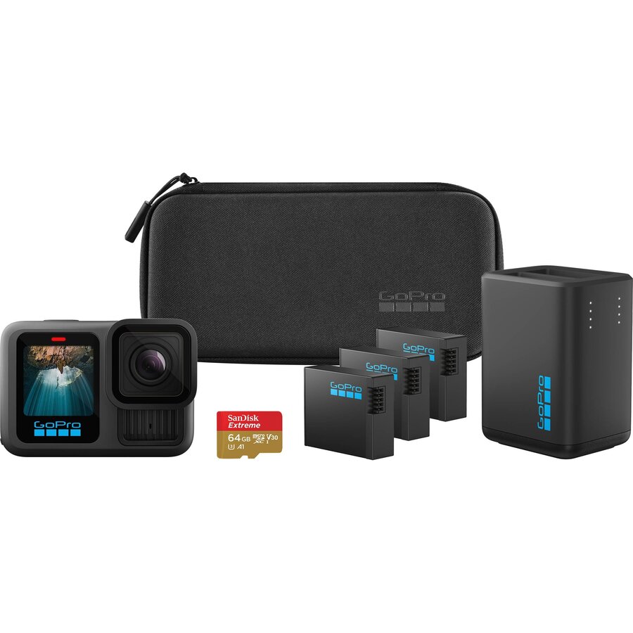 Oferte la Camera Video de Actiune Hero 13B Extended Power Bundle 5.3K Wi-Fi Bluetooth Waterproof 10M Card Memorie 64GB 3 Baterii Enduro si Incarcator Dual Bay Negru