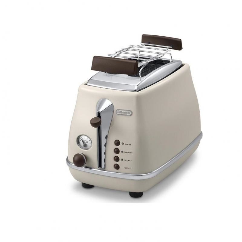 Oferte la Prajitor de paine De'Longhi Icona Vintage CTOV 2103.BG, 900 W, 2 Felii, Control electronic rumenire, Suport de incalzire, Crem