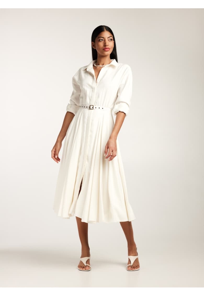 Oferte la Rochie-camasa midi cu pliuri si o curea - Alb