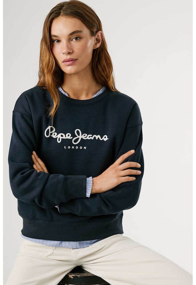 Oferte la Bluza de trening cu imprimeu logo si decolteu la baza gatului - Bleumarin