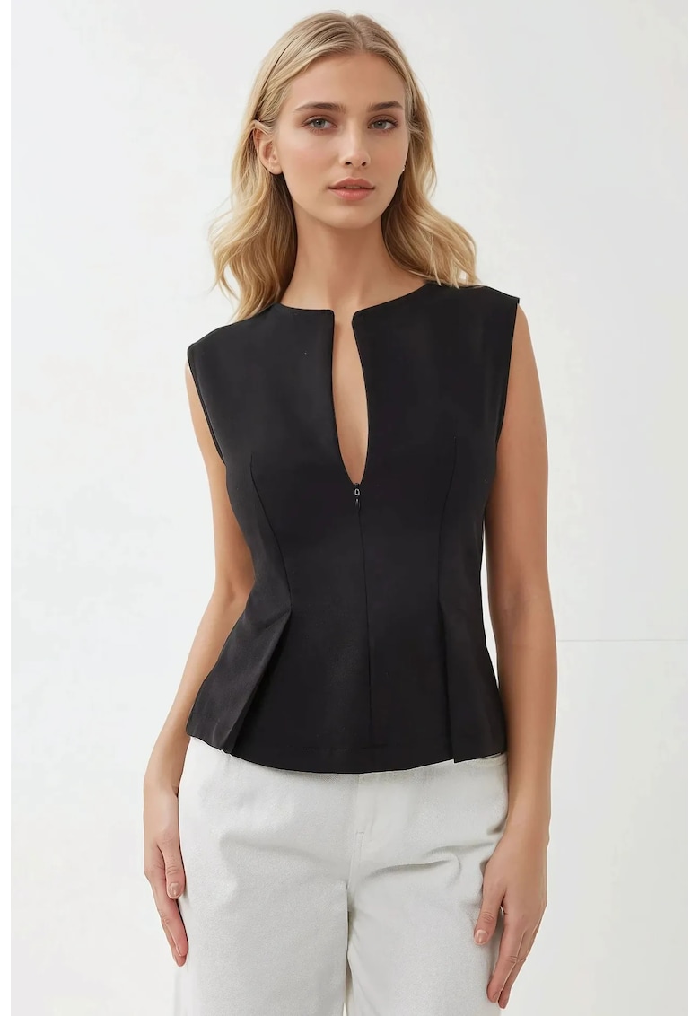 Top fara maneci - decolteu in V - negru - textil