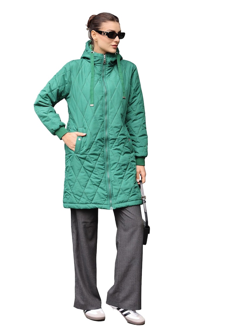 Oferte la Geaca lunga dama - cu gluga - HiCCUP - textil - verde smarald