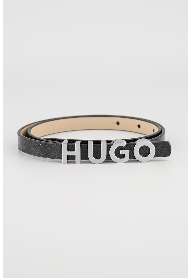 Oferte la Curea subtire de piele cu catarama cu logo - Negru