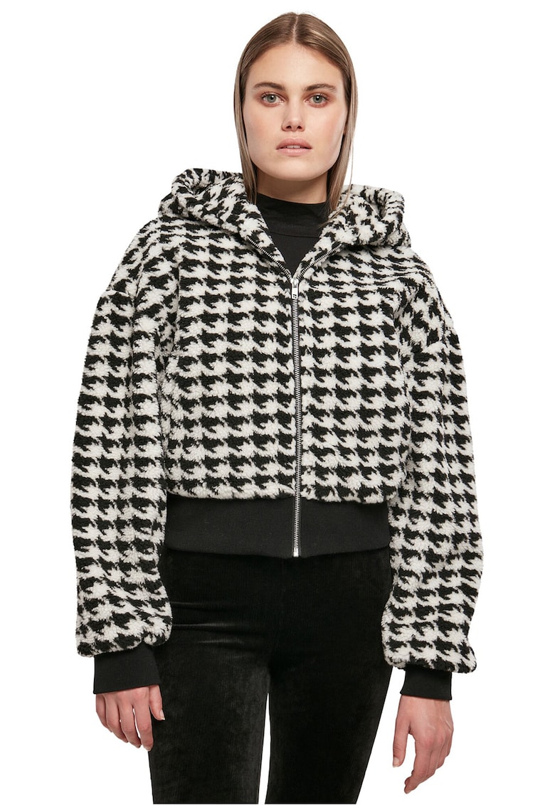 Oferte la Jacheta crop cu gluga si model houndstooth - Alb/Negru