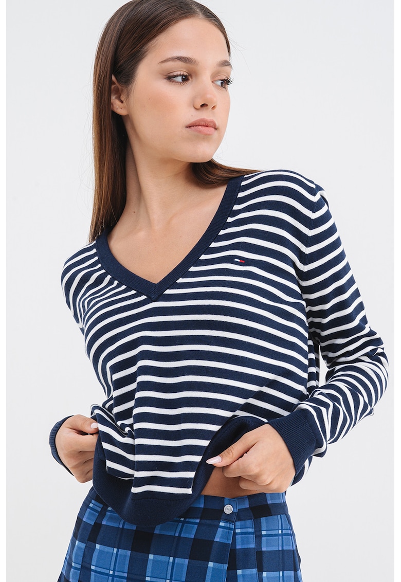 Oferte la Pulover din bumbac organic cu decolteu in V - Alb/Bleumarin