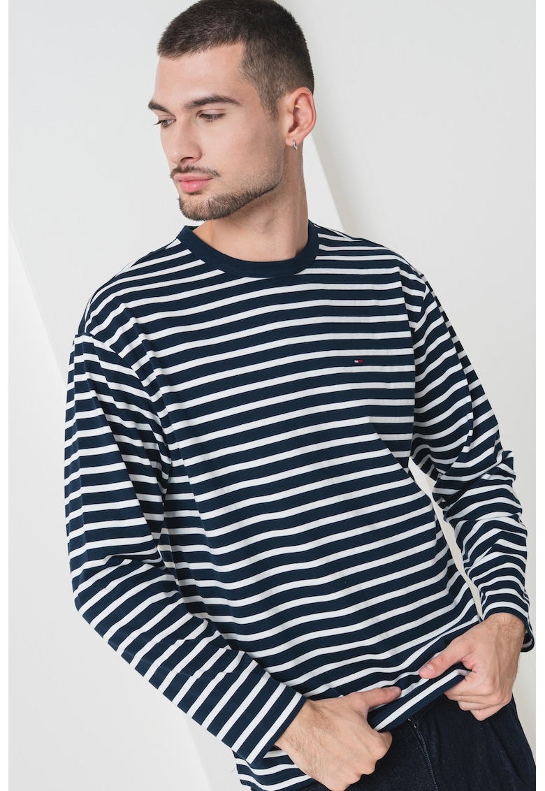 Oferte la Bluza din amestec de bumbac organic cu model in dungi - Alb/Albastru ultramarin