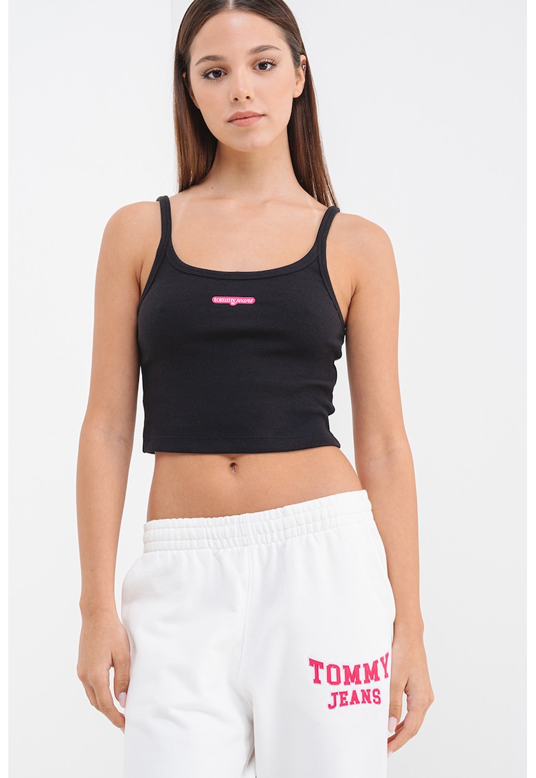 Top crop cu detaliu cu logo discret - Negru
