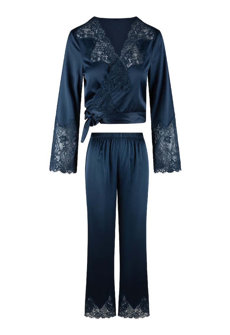 Oferte la Pijama din satin cu bluza cu maneci lungi - Bleumarin