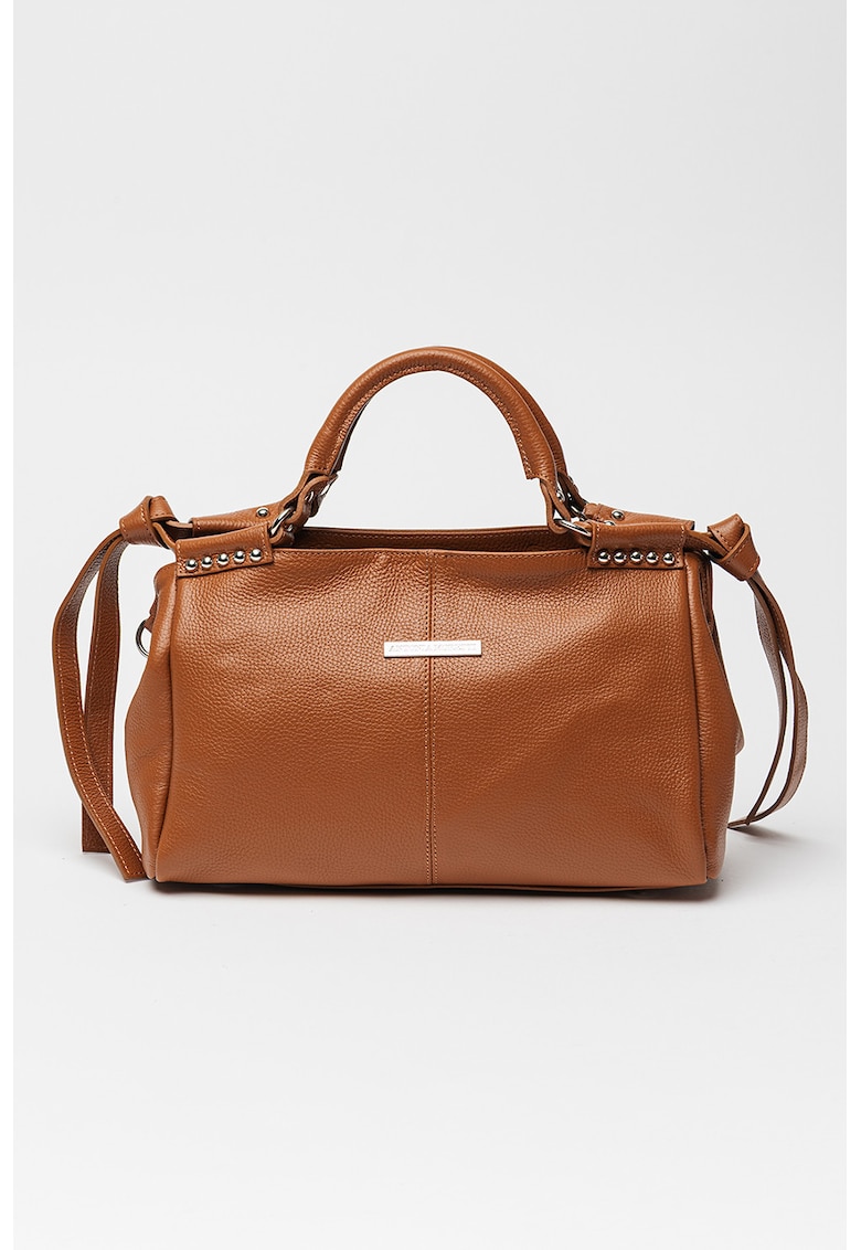 Oferte la Geanta de piele cu maner si nituri metalice - Maro cognac