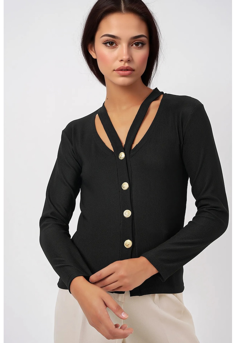 Oferte la Cardigan - HiCCUP - cu decolteu in V - maneci lungi - negru - poliester