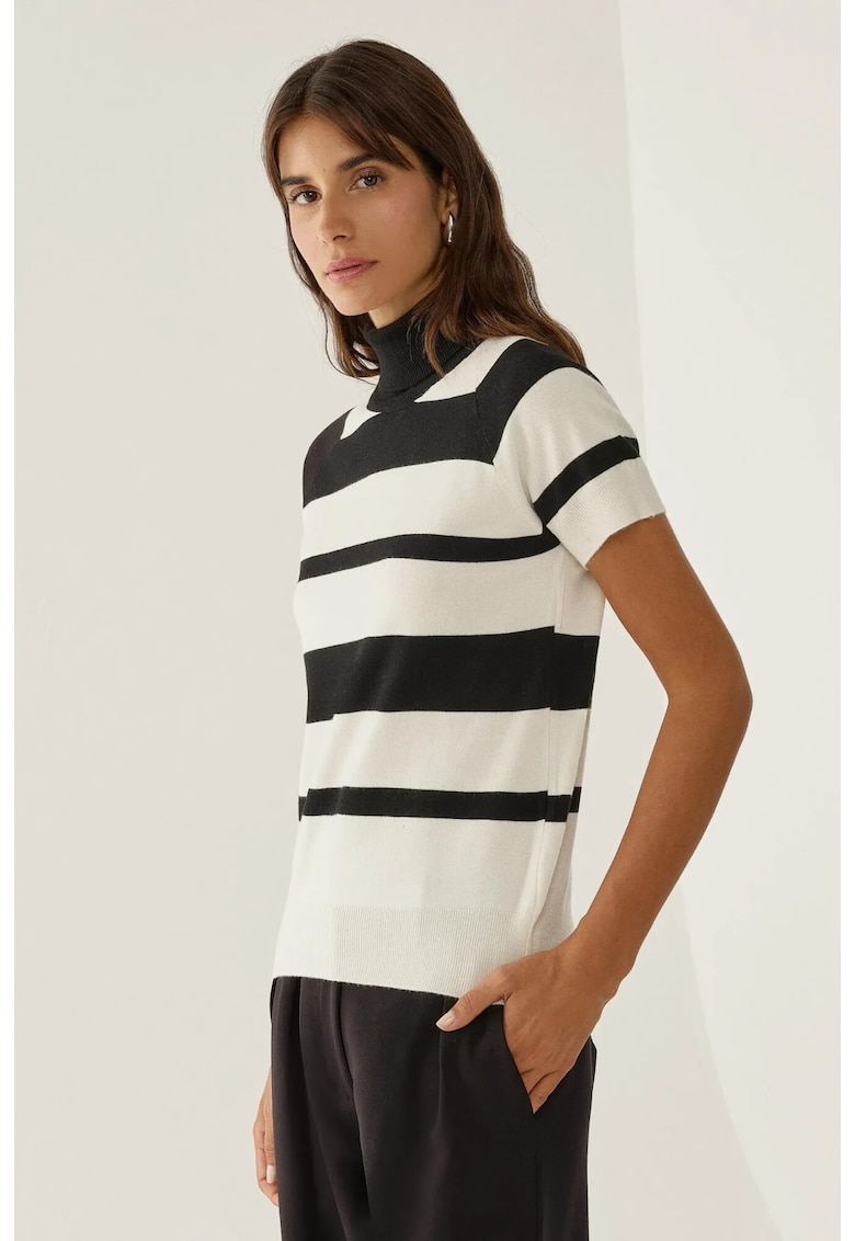 Oferte la Pulover dama -  top tricotat cu guler inalt - dungi - negru - tricot
