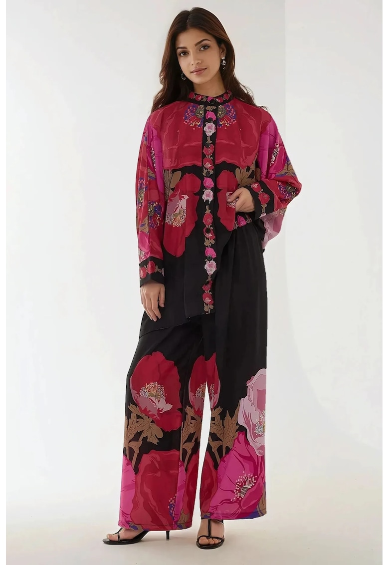 Oferte la Compleu dama -  pantaloni cu talie inalta - rosu - textil