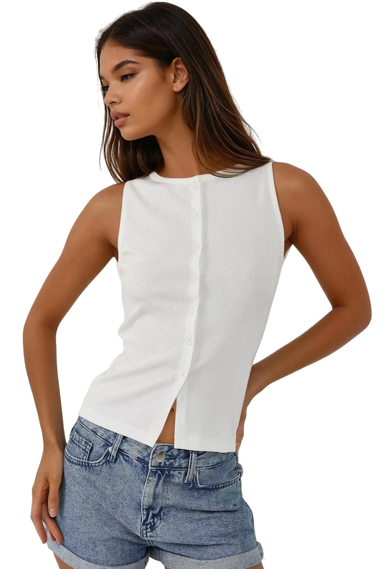 Oferte la Top  -  top tricotat - guler rotund - nasturi - alb - jerseu