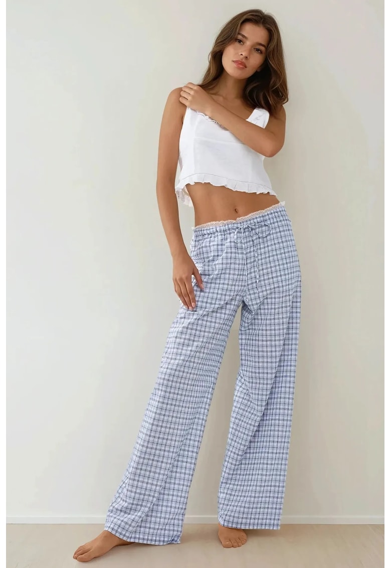 Oferte la Pantaloni lungi de casa -  carouri - detaliu inima - albastru - poliester