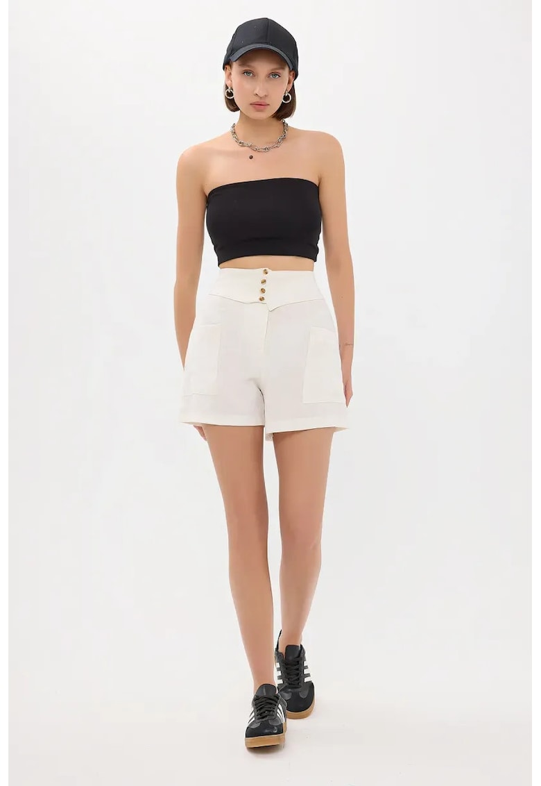 Oferte la Pantaloni scurti -  talie inalta - detalii cu curea - natur - bumbac-poliester