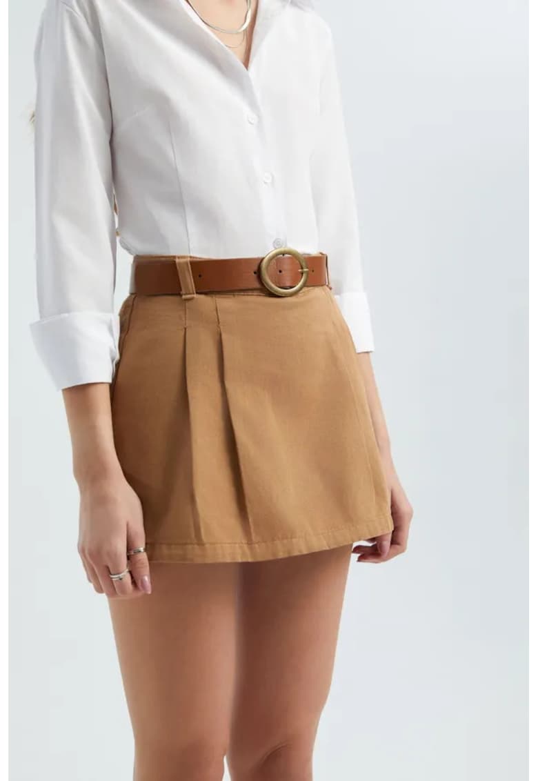 Oferte la Fusta pantalon mini dama -  plisata - textil - talie medie - cu curea - maro