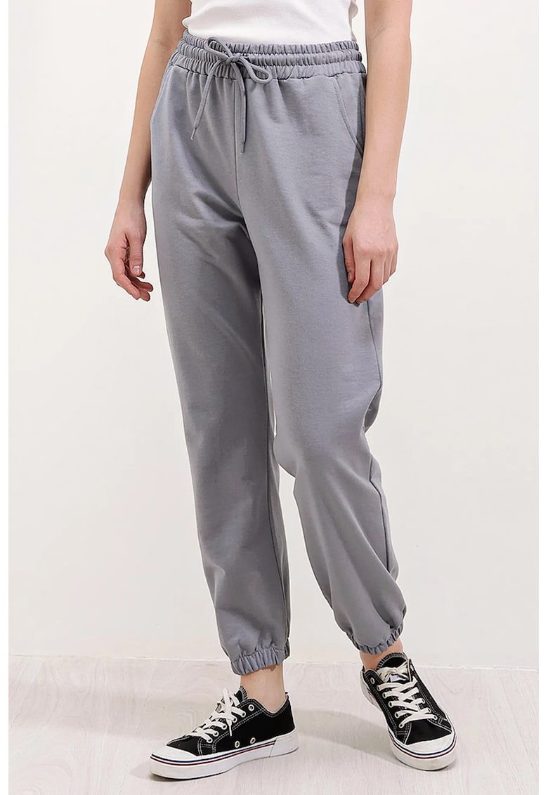 Oferte la Pantaloni de trening - HiCCUP - talie elastica - cu buzunare - gri - bumbac