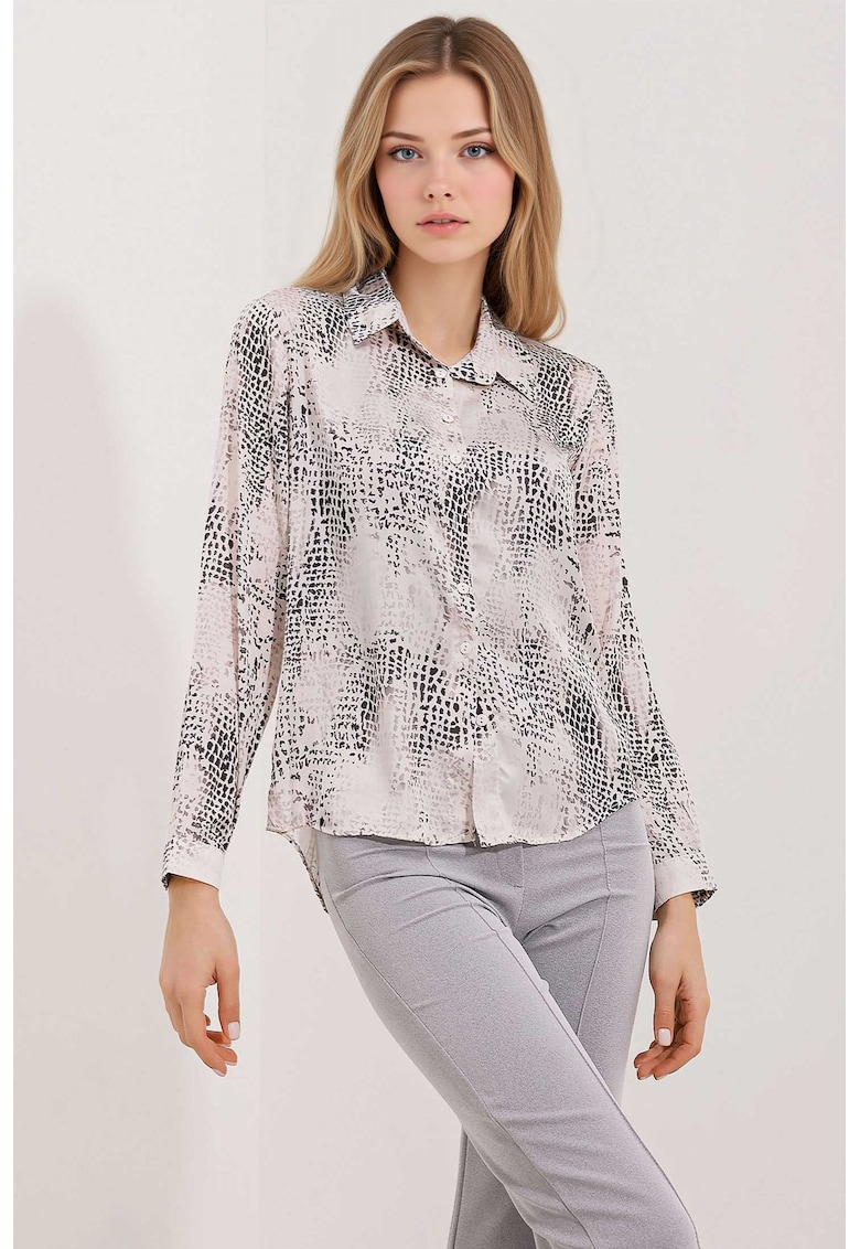 Oferte la Camasi dama - BigDart - camasa cu maneca lunga - satin - Gri deschis -